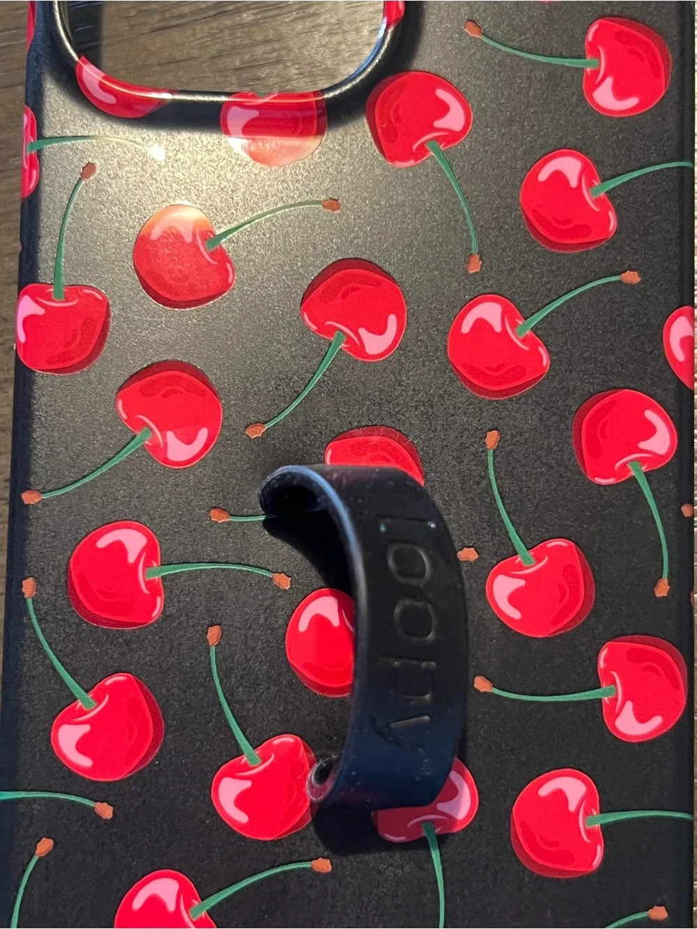 Loopy Case 13 PRO MAX- Cherry Pattern Black Phone Case with PopGrip Stand